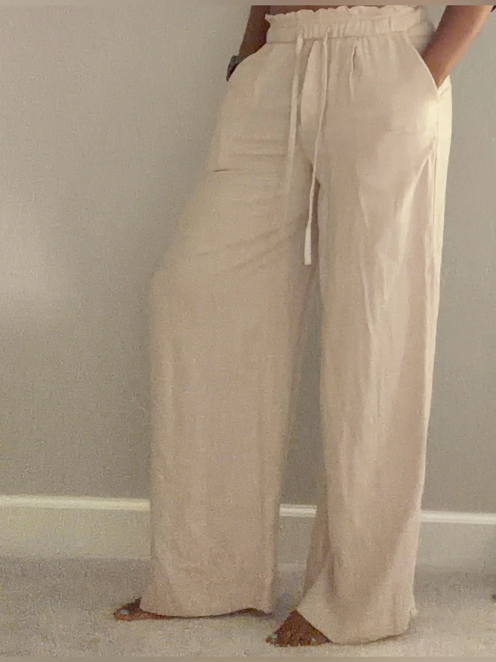 H&M Wide-Leg Drawstring Pants in Beige US6
